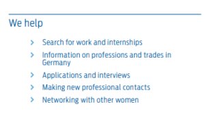 Flyer „Professional Opportunities for Immigrant Women" der Hannover Region mit Angeboten, Hilfsleistungen und Kontaktdaten auf Englisch.