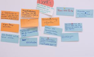 Whiteboard mit bunten Moderationskarten zum Thema „Don'ts" auf Deutsch, beschriftet mit handgeschriebenen Texten.
