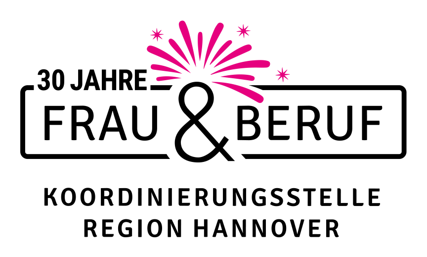Logo: „30 Jahre Frau & Beruf – Koordinierungsstelle Region Hannover" mit pinkem Feuerwerk.